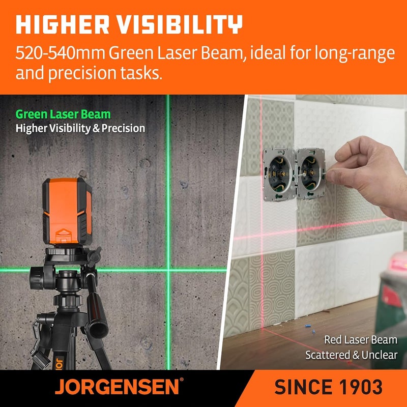 Jorgensen Laser Level with Tripod, 100 FT Dual Modules Self Leveling Cross Line Laser Leveler Tool with 360° Magnetic Base, Green Laser Level for Picture Hanging, Tile, Home Renovation, Indoor Project - Image 4